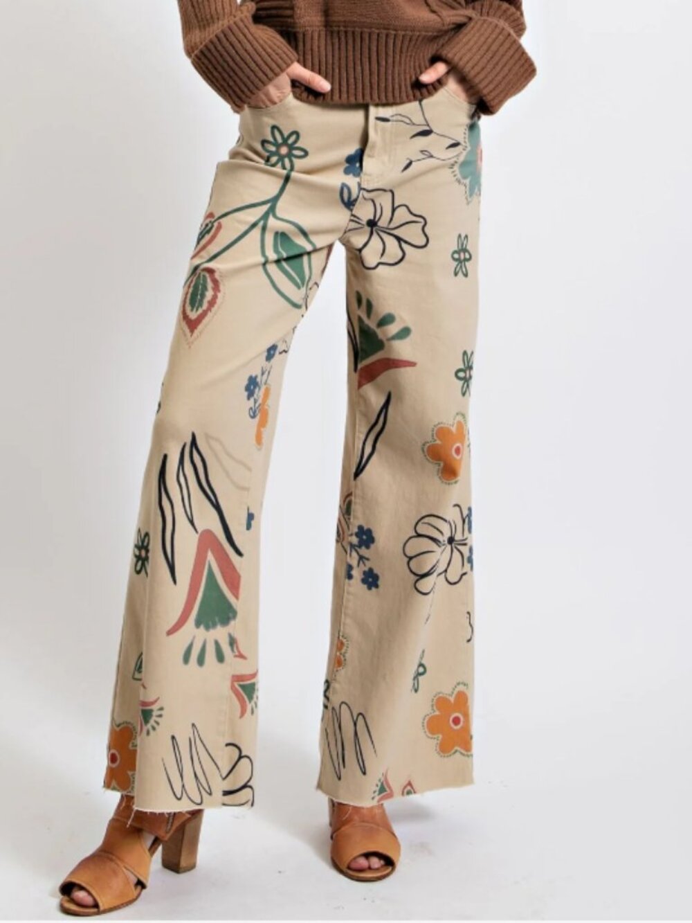 EASEL Printed Wide Leg Jeans L Large